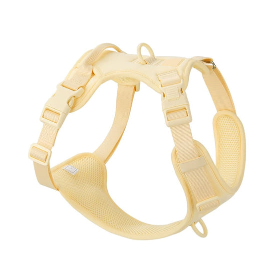 No pull dog harness in light yellow featuring soft padding, breathable air mesh, and adjustable straps for comfortable control
