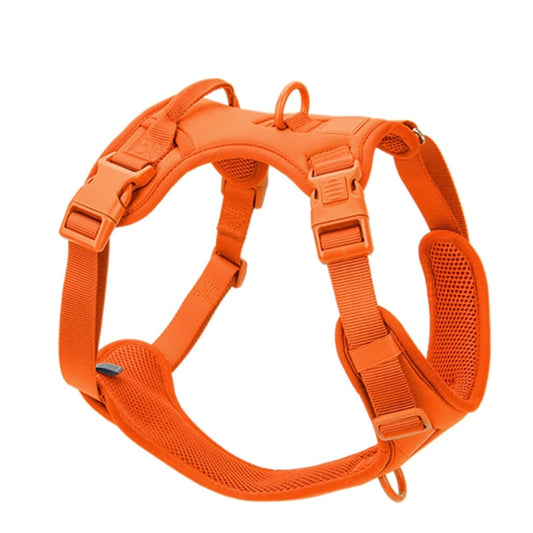 No pull dog harness in bright orange with reflective elements and padded vest for visible and safe outdoor walks