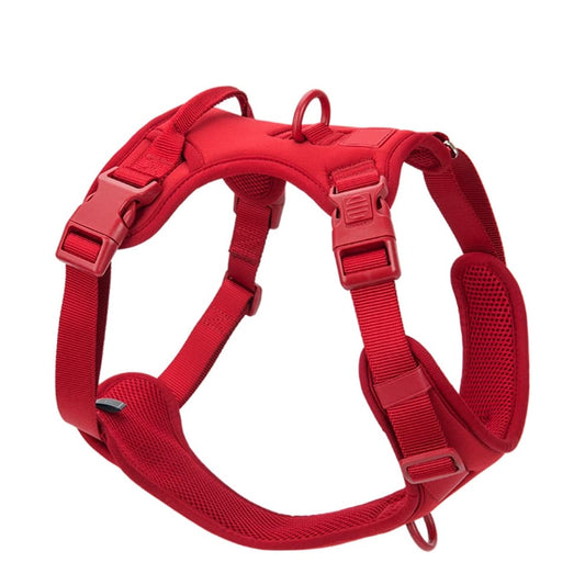 No pull dog harness in vivid red with anti-pull front clip, breathable mesh padding, and adjustable fit
