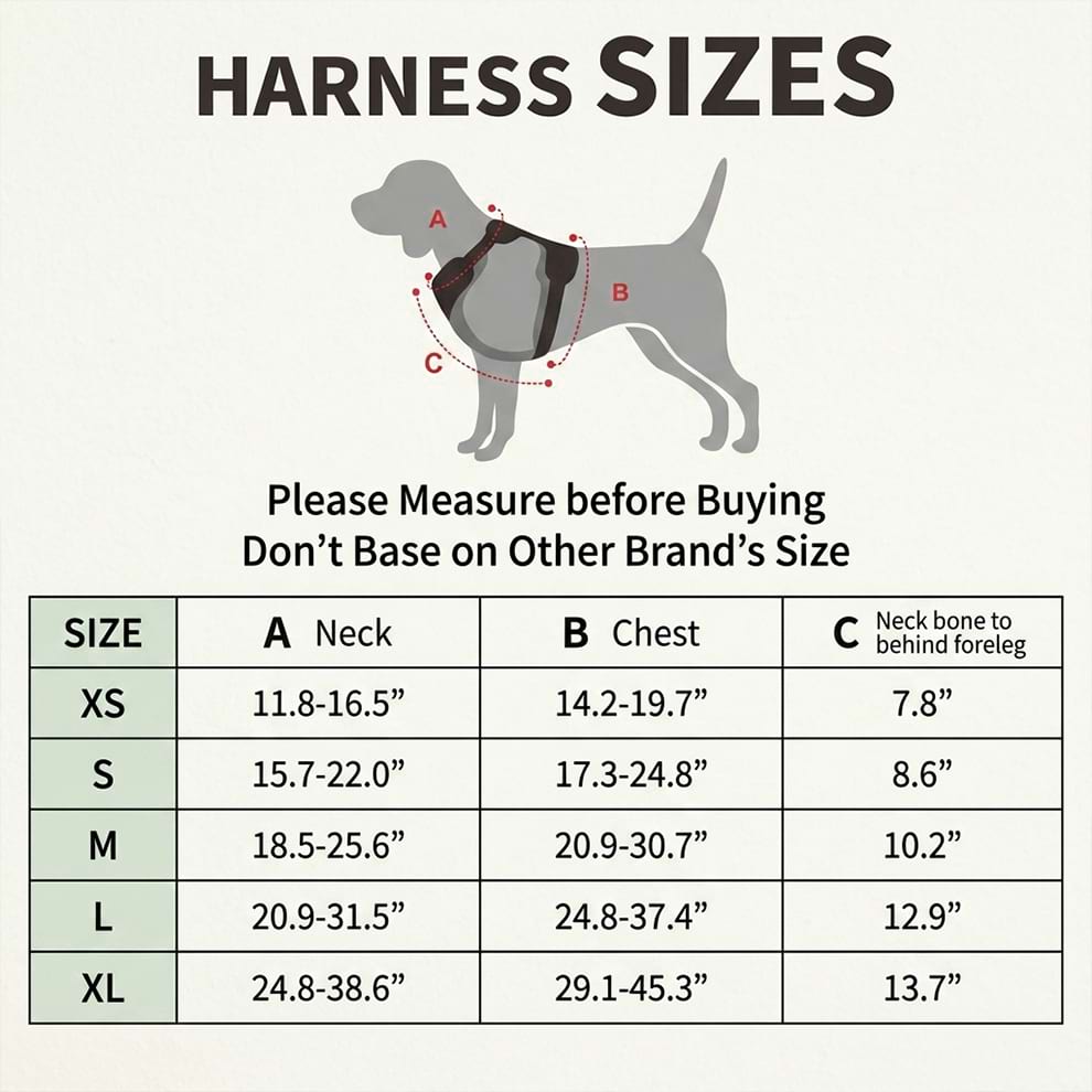 No pull dog harness size chart detailing neck and chest measurements from XS to XL, helping you find the perfect fit for your breed.