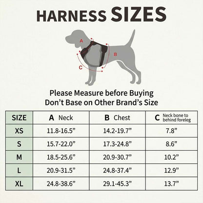 No pull dog harness size chart detailing neck and chest measurements from XS to XL, helping you find the perfect fit for your breed.