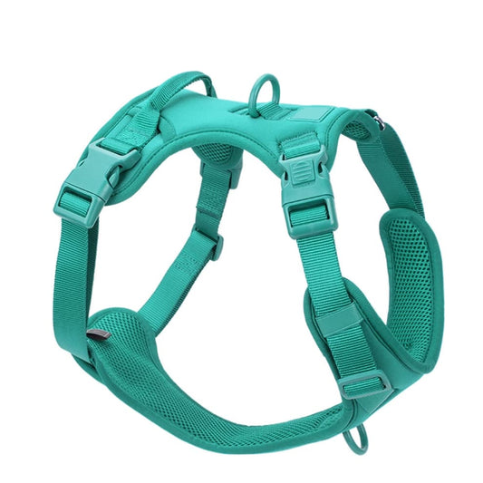 No pull dog harness in turquoise color with breathable air mesh and reinforced straps for safe walking control