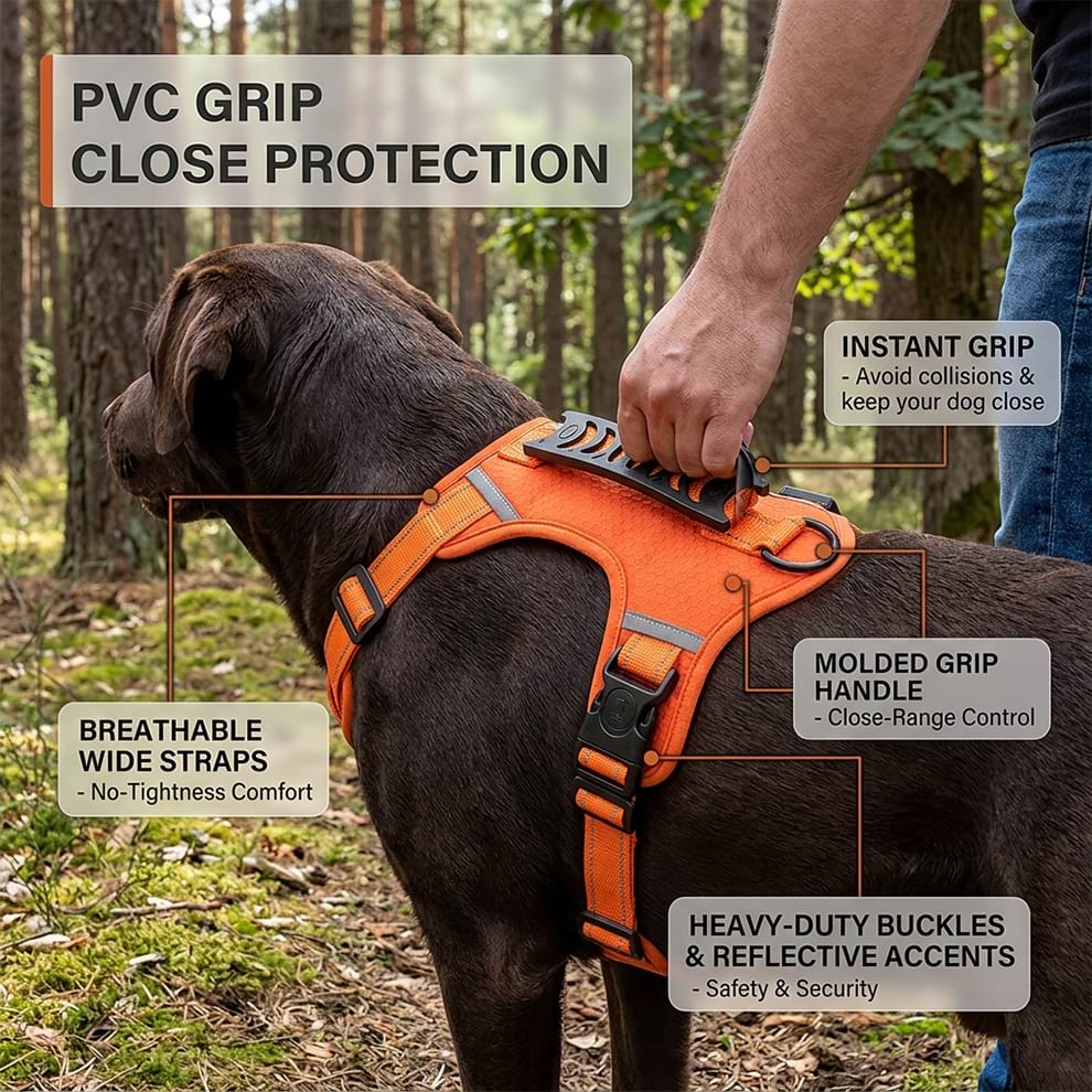 No pull dog harness featuring a molded PVC grip handle for close protection, instant control, and avoiding collisions during walks.