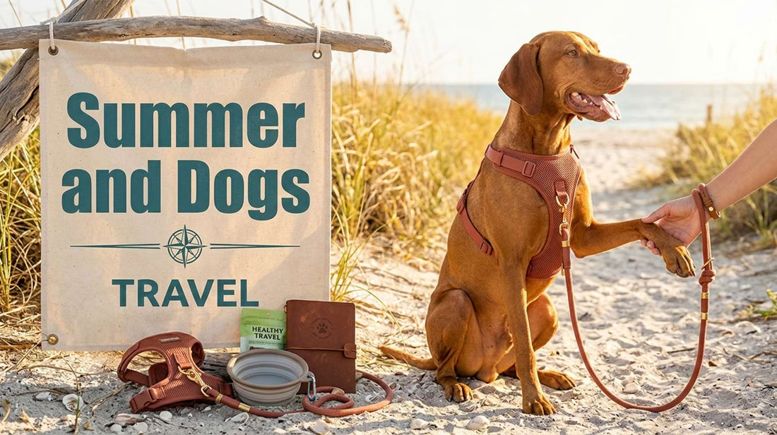 No pull dog leash used by an owner and a happy dog on a summer beach, highlighting its durability and style for outdoor travel.