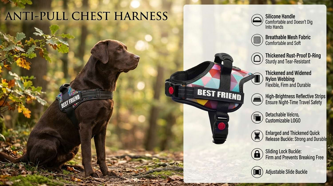 Anti-pull chest harness on a Chocolate Labrador, showcasing the widened nylon webbing and breathable mesh fabric for ultimate comfort.