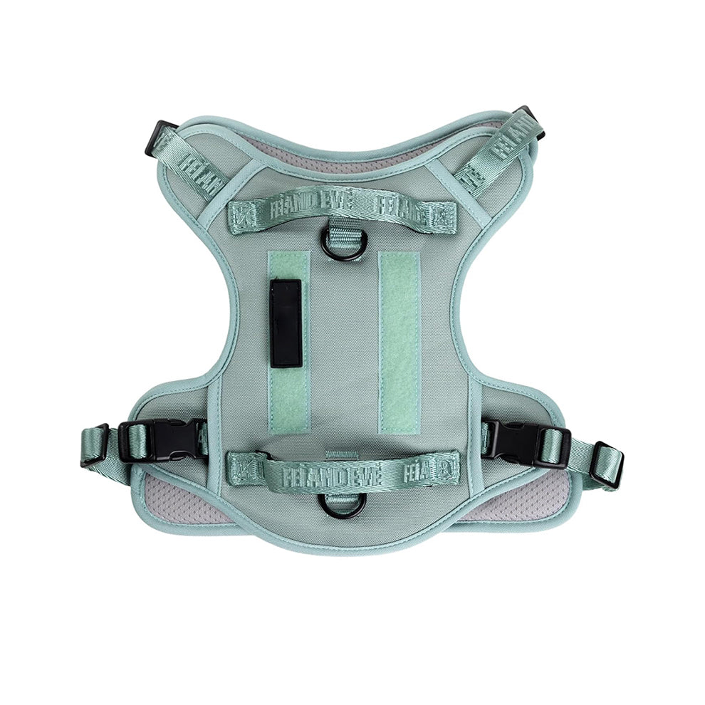 No pull tactical dog harness in mint green, designed with durable materials and velcro panels for personalized military patches.
