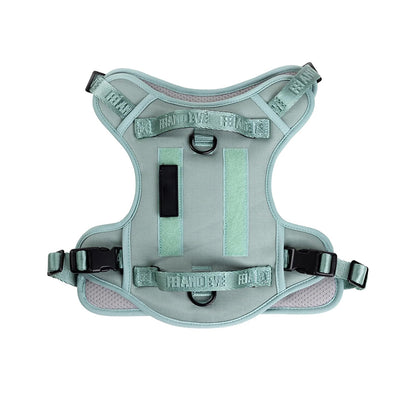 No pull tactical dog harness in mint green, designed with durable materials and velcro panels for personalized military patches.