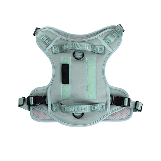 No pull tactical dog harness in mint green, designed with durable materials and velcro panels for personalized military patches.