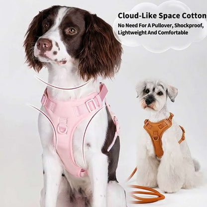 No pullover step in dog harness made of cloud-like space cotton, providing a shockproof and lightweight fit without going over the head.