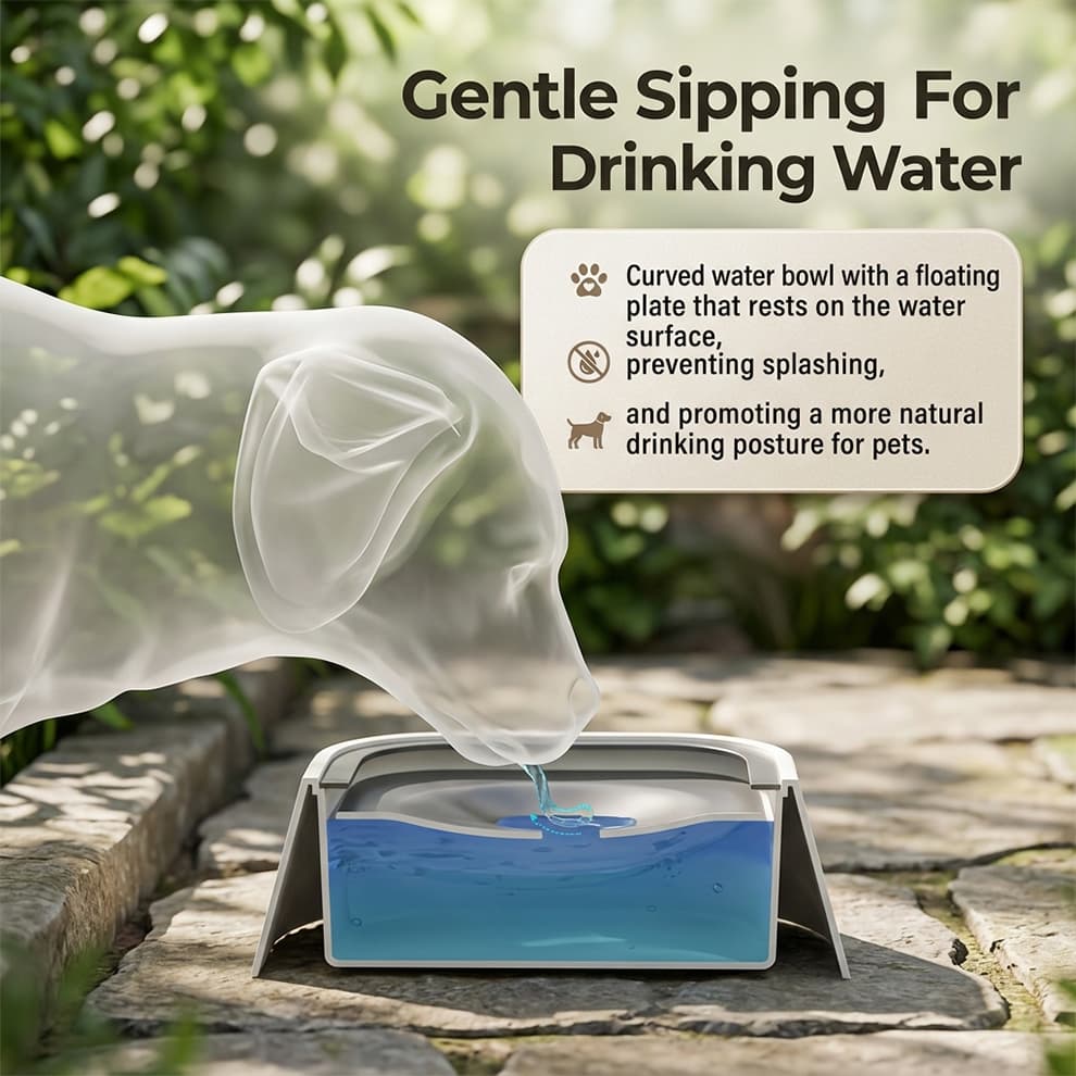 No-splash dog water bowl with a curved floating plate, ensuring gentle sipping and preventing water from spilling onto your floors.