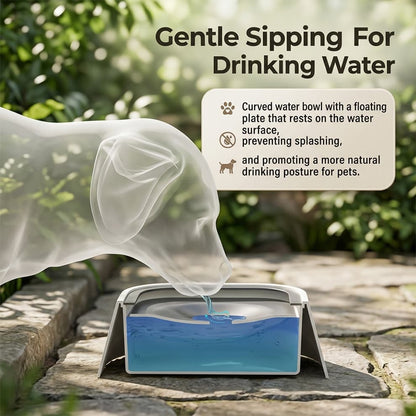 No-splash dog water bowl with a curved floating plate, ensuring gentle sipping and preventing water from spilling onto your floors.