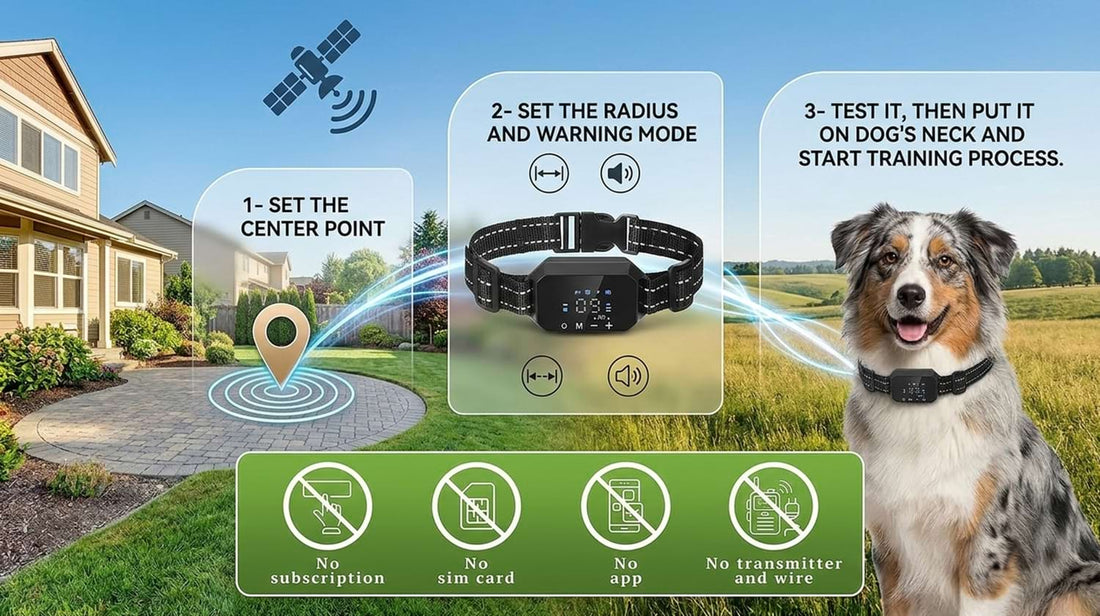 Easy 3-step setup for the outdoor pet boundary with no subscription, no SIM card, no app, and no transmitter wire required.