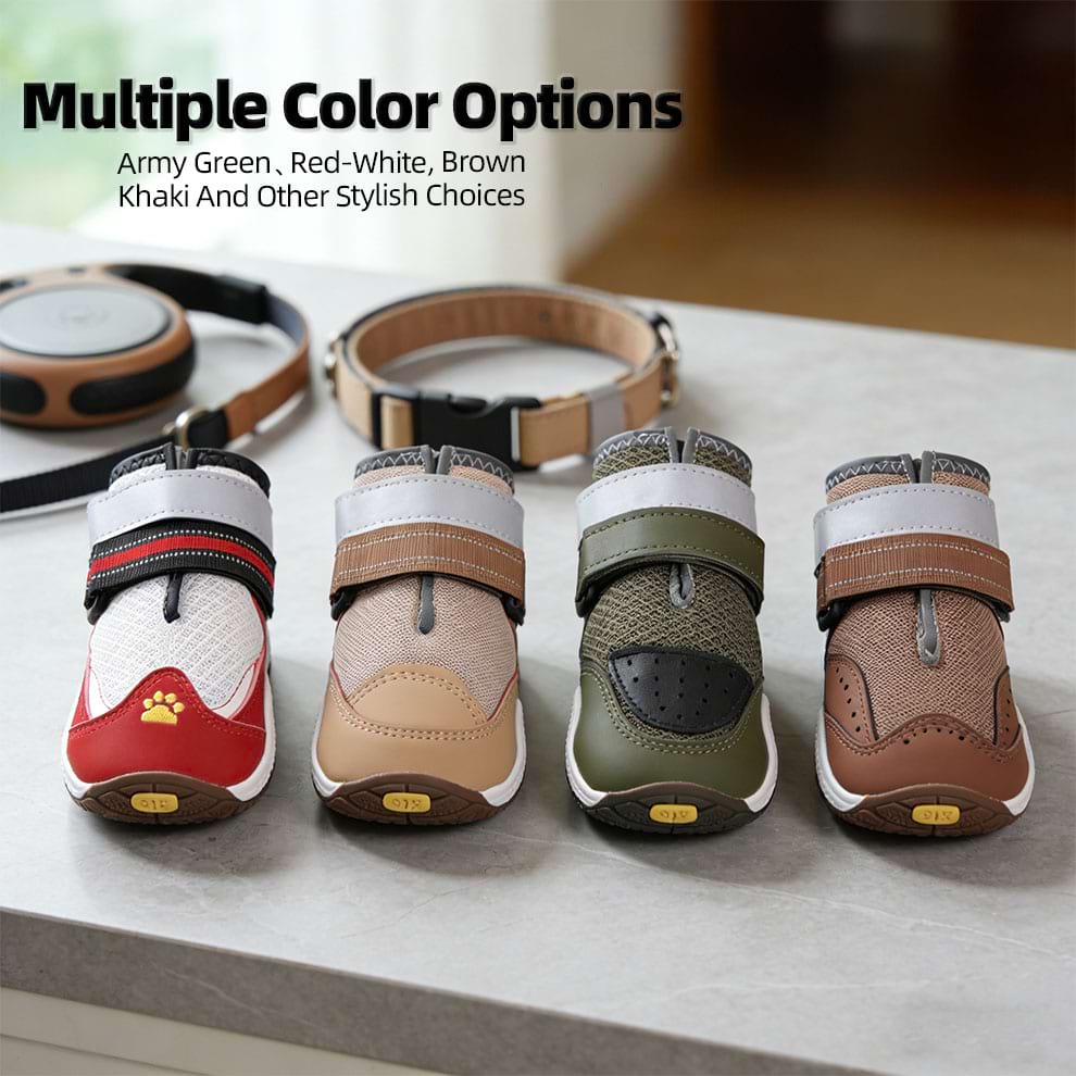 Collection of Non-Slip Dog Booties available in Army Green, Red, Khaki, and Brown styles to match dog gear.