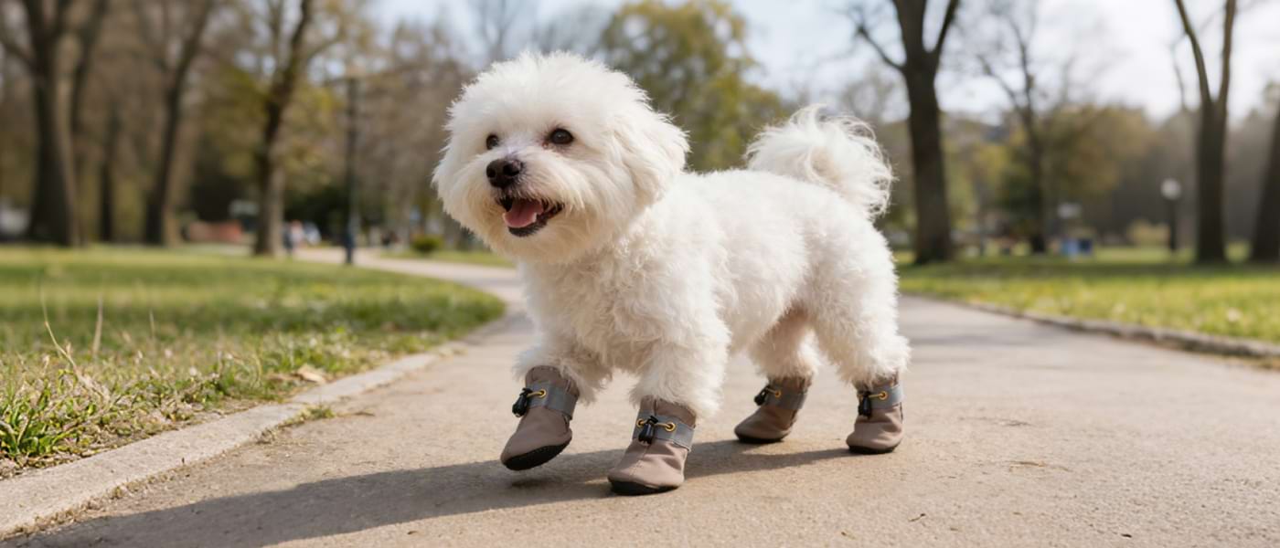 Cute pup navigating a concrete path in Non-Slip Dog Booties. The rubber sole offers essential traction on hard surfaces while keeping the look stylish in Khaki.