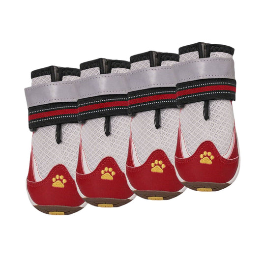 Non-Slip Dog Booties set of 4 featuring breathable red mesh upper and durable rubber soles for all-terrain grip.