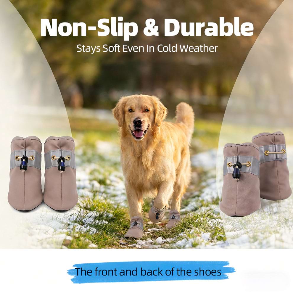 Golden Retriever walking outdoors in Non-Slip Dog Booties, demonstrating the grip and stability on uneven grassy terrain.