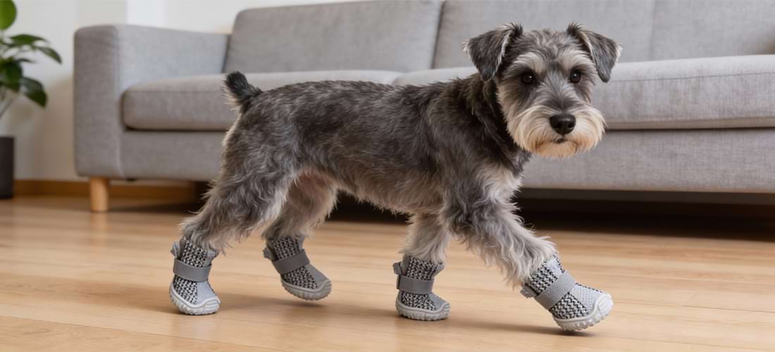 Schnauzer walking on wooden floors wearing grey non-slip dog booties, combining the comfort of dog sock shoes with traction to prevent slipping on hardwood floors.
