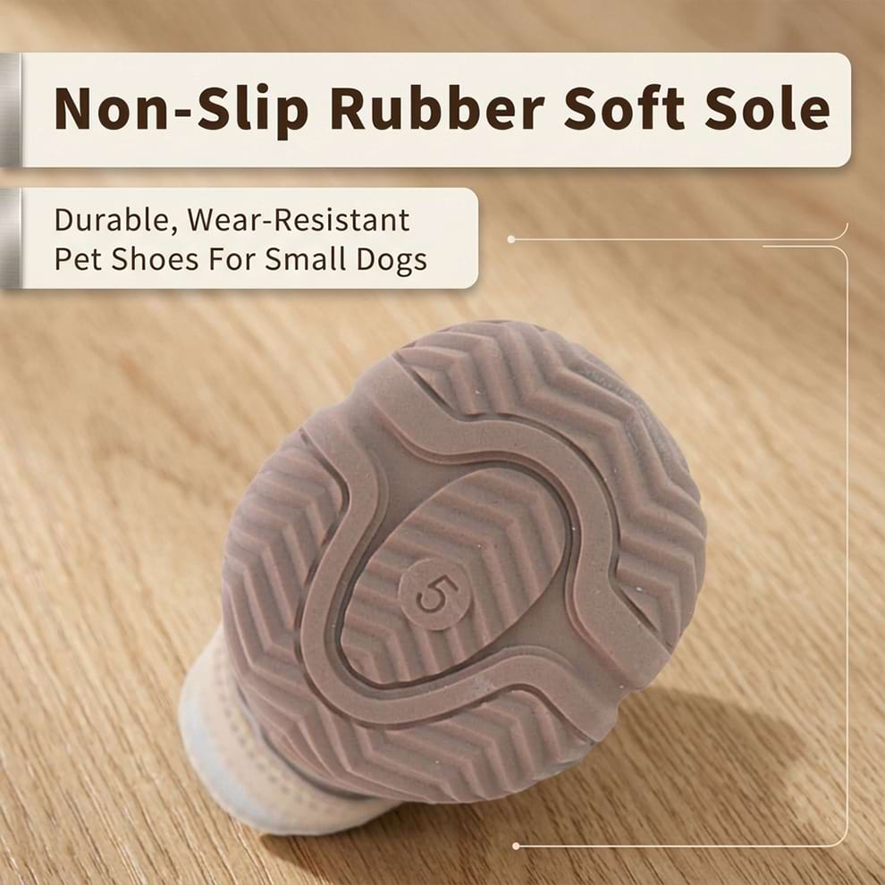 Non-slip rubber sole dog shoes showing a durable, wear-resistant bottom, perfect for keeping small dogs stable on slippery indoor floors.