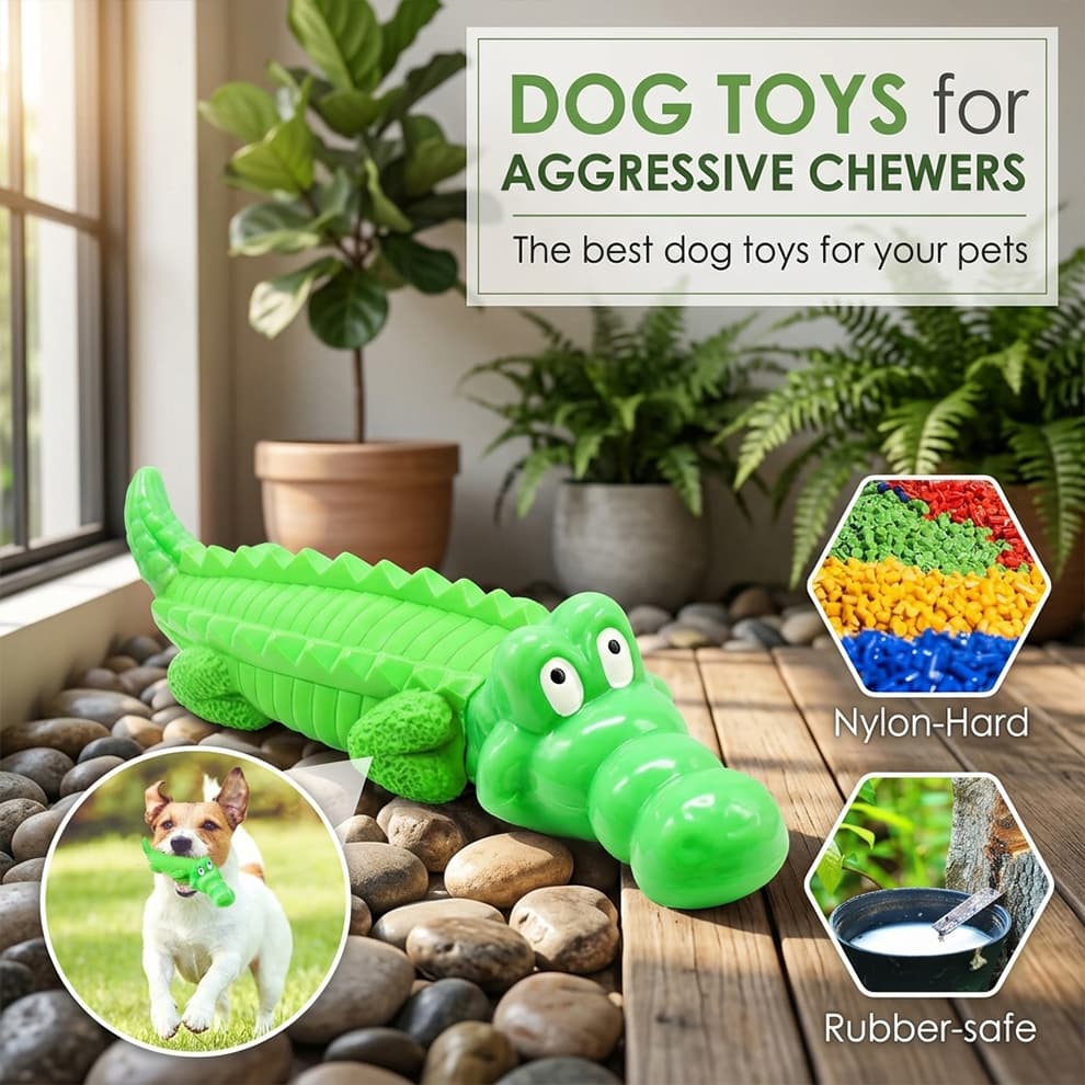 Nylon and rubber tough dog toys for aggressive chewers, combining hard nylon durability with a safe rubber texture.