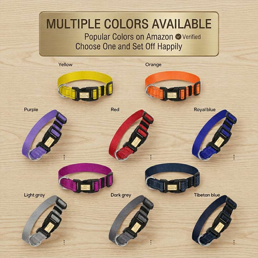 Nylon dog collar color options including yellow, orange, purple, red, royal blue, light gray, dark grey, and Tibetan blue.