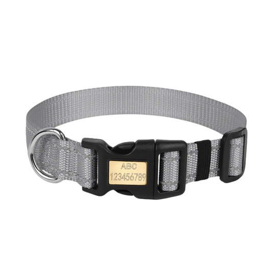 Nylon Dog Collar in light gray, featuring a custom laser-engravable brass buckle to keep your pet safe and stylish.
