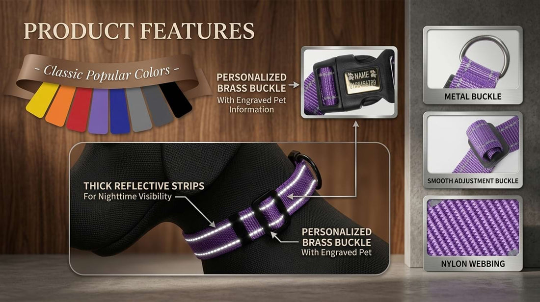 Nylon dog collar product features, highlighting the personalized brass buckle, thick reflective strips, metal D-ring, and durable nylon webbing.