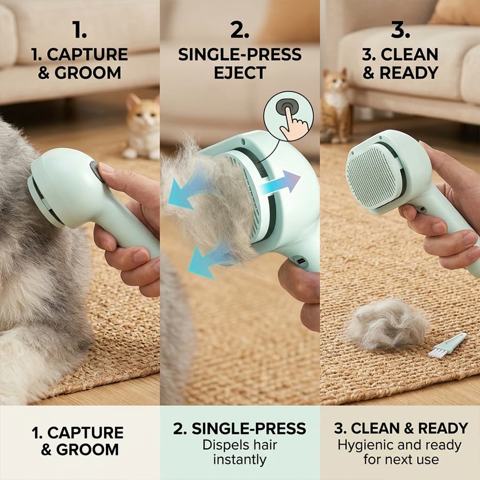 One-click hair removal pet brush demonstrating the single-press eject function, instantly releasing trapped fur for quick and hygienic cleaning.