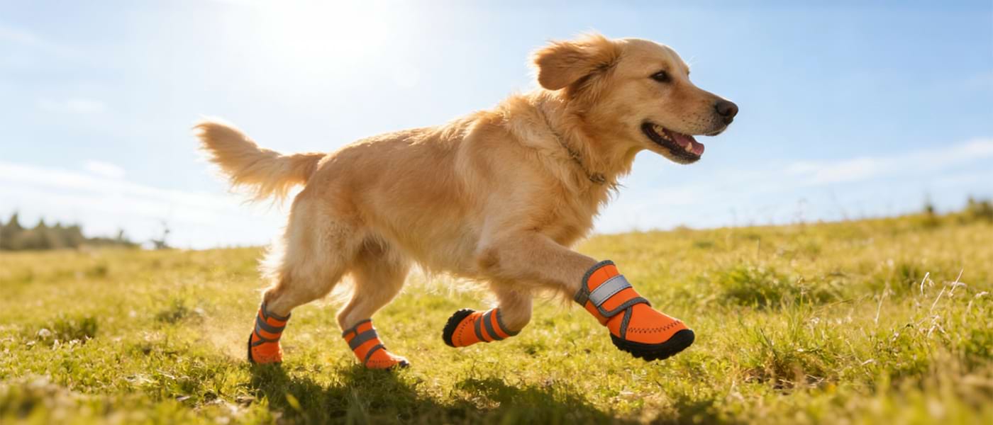 Golden Retriever running happily on grass wearing Orange High Top Dog Boots, demonstrating paw protection for outdoor hiking and summer activities.