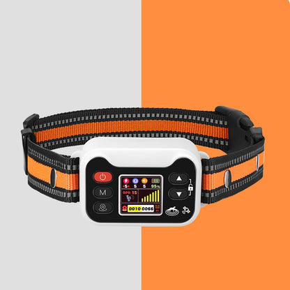 GPS dog fence collar with LCD display, white case, and bright orange strap