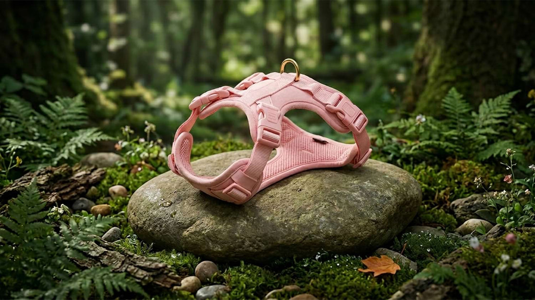 Outdoor adventure pink dog harness resting on a forest rock, highlighting its rugged durability and high-density breathable mesh.