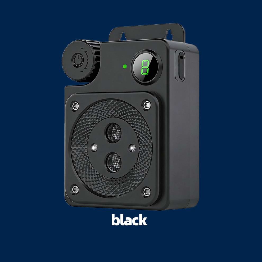 Black Outdoor Bark Control unit designed to blend into yards or trees. A discreet, waterproof Dog Silencer to stop dog barking effectively.