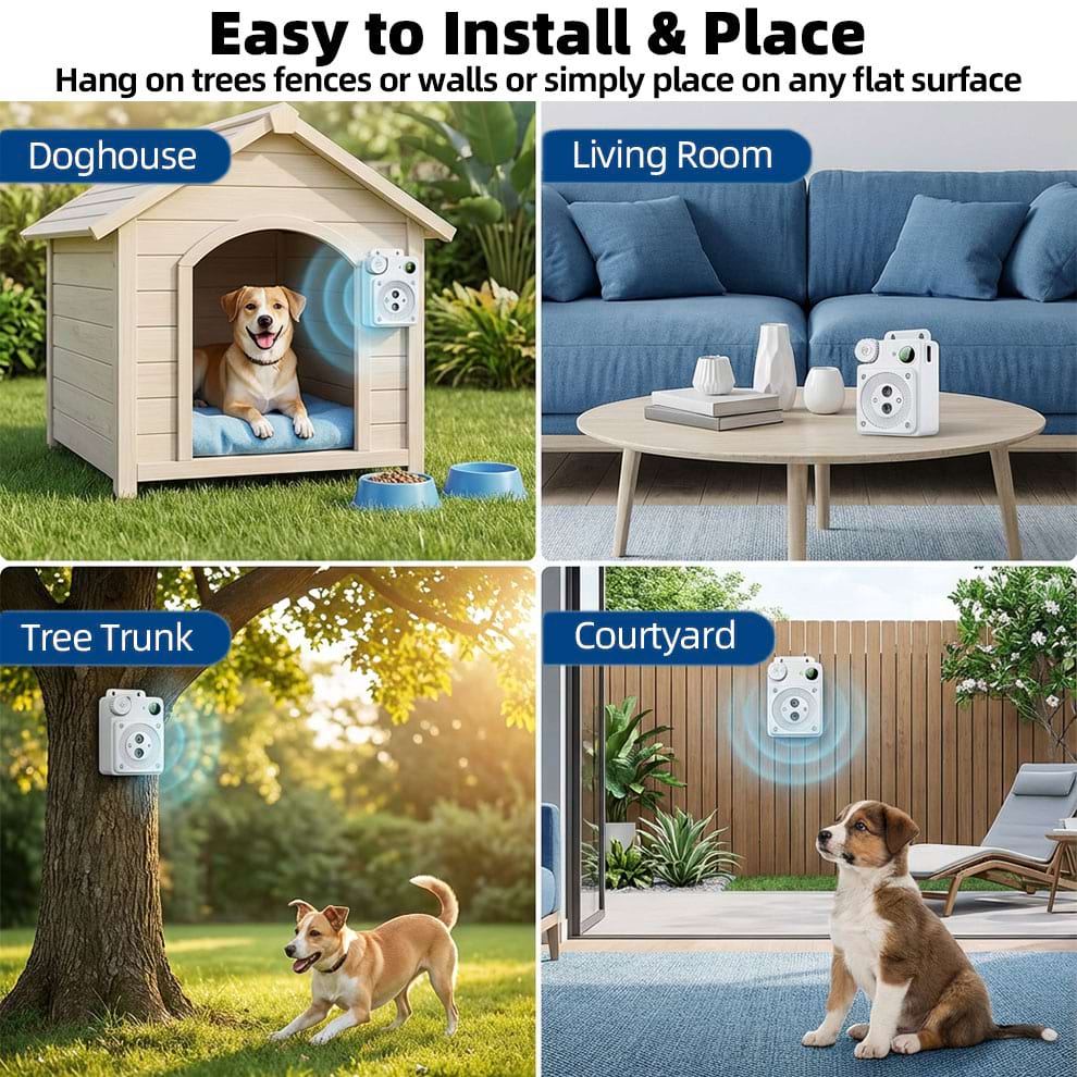 Versatile installation options for the Ultrasonic Dog Bark Control device. Shows mounting on doghouses, living room tables, tree trunks, and fences for effective Outdoor Bark Control.