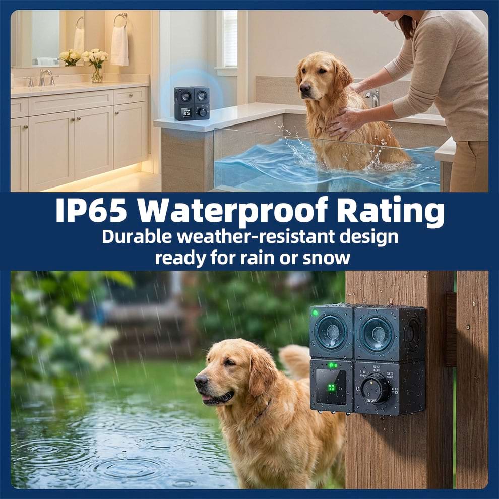 IP65 waterproof Outdoor Bark Control unit mounted on a fence, ideal solution to Stop Neighbor's Dog Barking in rain or snow.