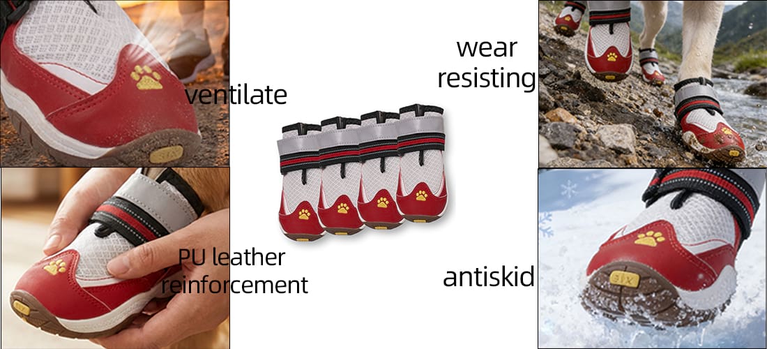 Close-up details of Outdoor Dog Shoes construction, highlighting the reinforced PU leather toe cap, breathable mesh upper, and deep tread rubber outsole for Non-Slip performance on wet surfaces.