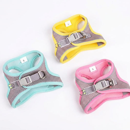 Pastel color mesh puppy harness options available in mint green, yellow, and pink, perfect for styling your small dog for daily walks.