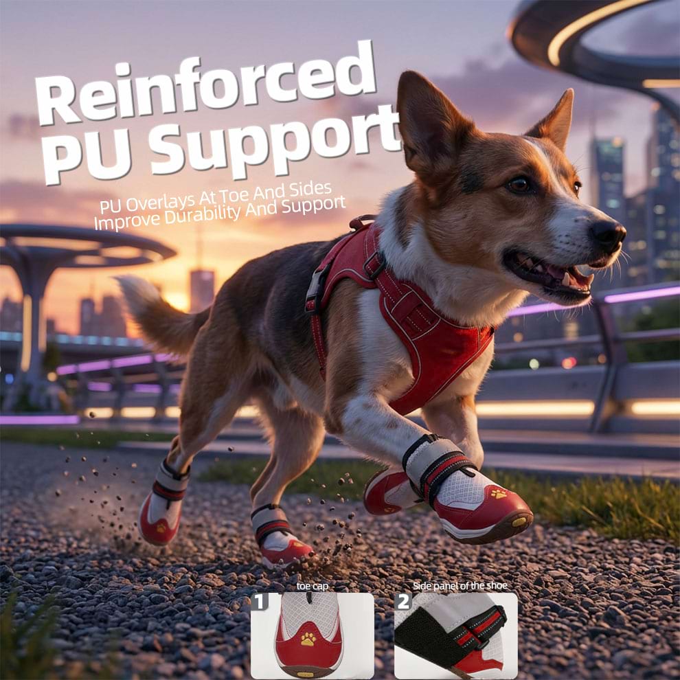 Active Corgi running fast with reinforced Paw Protectors for Dogs that prevent toe injuries and withstand scraping.