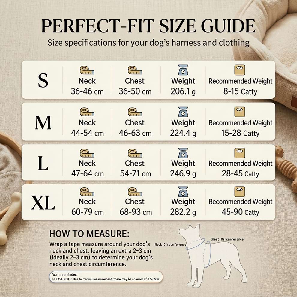 Perfect-fit size guide for the dog harness with Airtag holder, detailing neck and chest measurements from S to XL for accurate sizing.