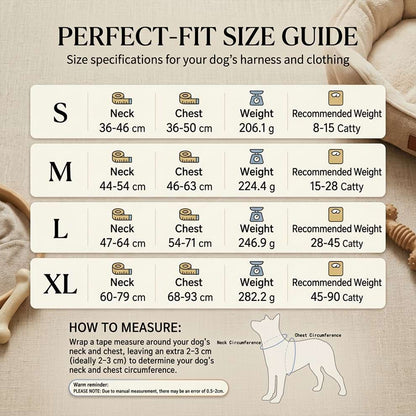 Perfect-fit size guide for the dog harness with Airtag holder, detailing neck and chest measurements from S to XL for accurate sizing.