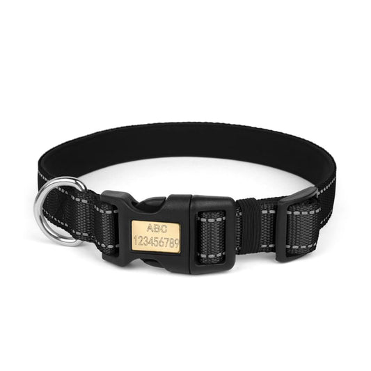 Personalized black dog collar with dual-line reflective strips, ensuring your pet remains highly visible during night walks.