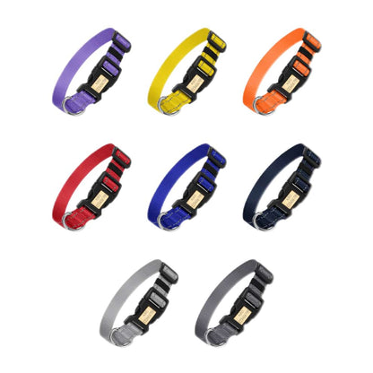 Personalized nylon dog collars available in multiple vibrant colors, perfect for identifying your pet with custom engraved nameplates.
