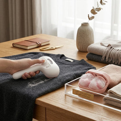 Versatile pet steam brush functioning as a pet hair lint remover, effortlessly cleaning loose fur and dander from a dark sweater.