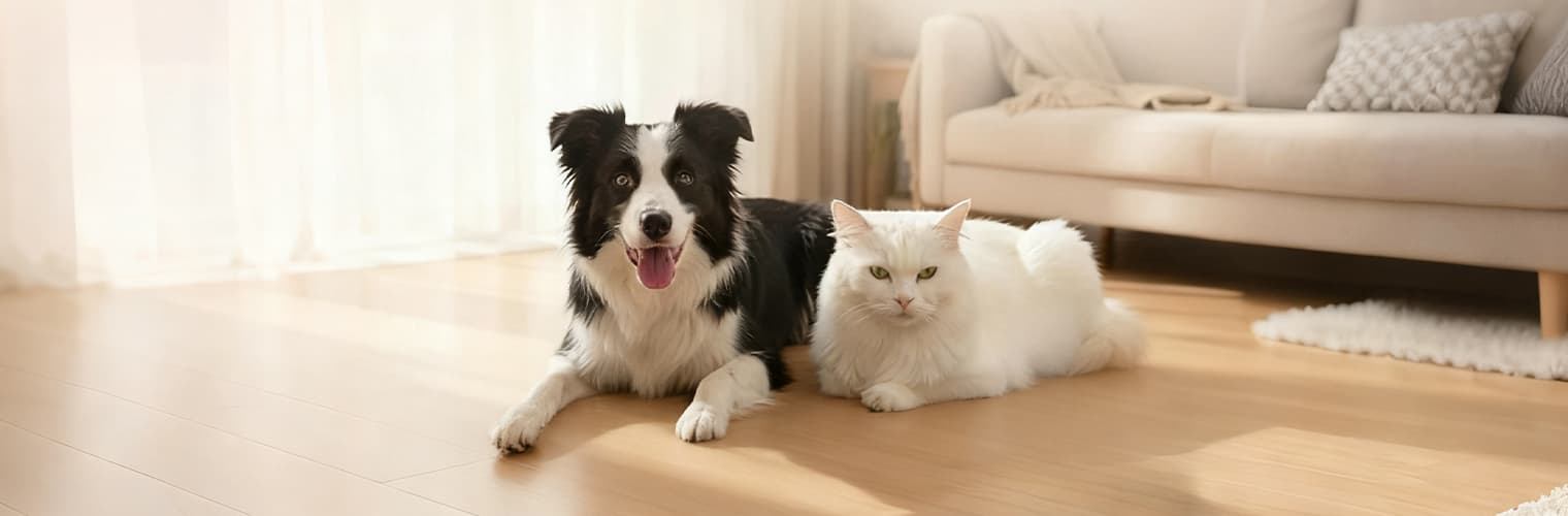 A Border Collie dog and white cat lying on a hard wooden floor, illustrating the need for a self warming pet mat to protect joints from cold surfaces.