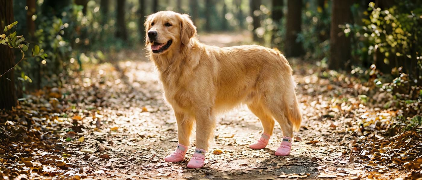 Golden Retriever wearing pink dog shoes standing in a forest, demonstrating suitability for hiking and outdoor adventures.