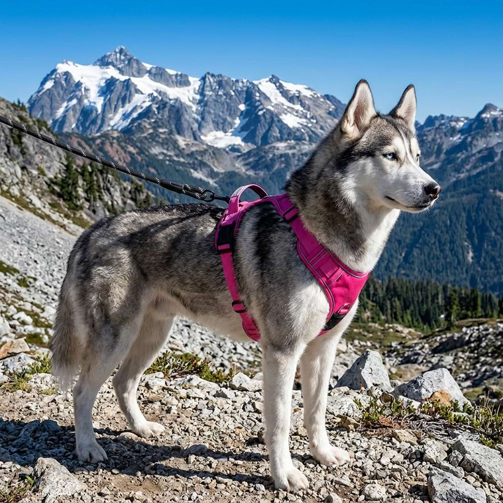 Pink hiking dog harness worn by a Husky in the mountains, demonstrating the durable and comfortable design for active outdoor pets.