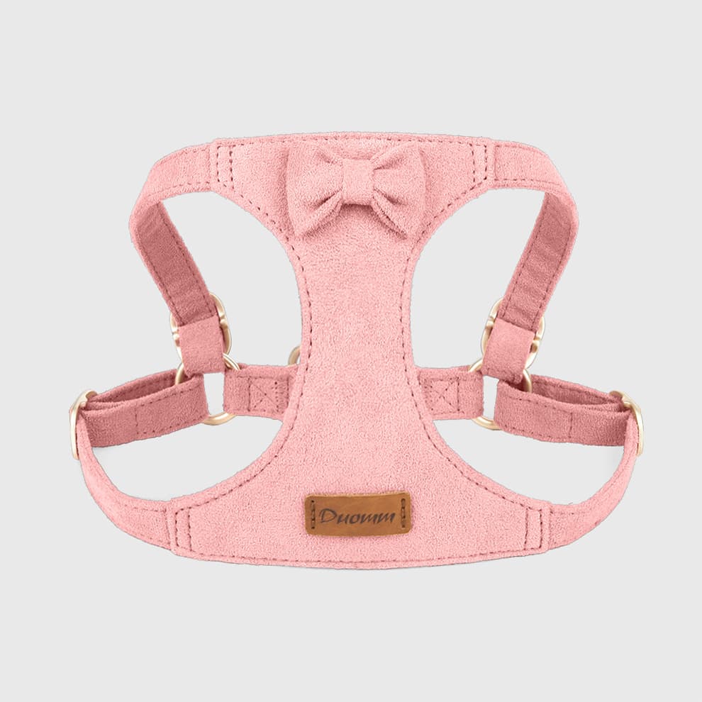 Small dog harness and leash in pink suede with bow detail