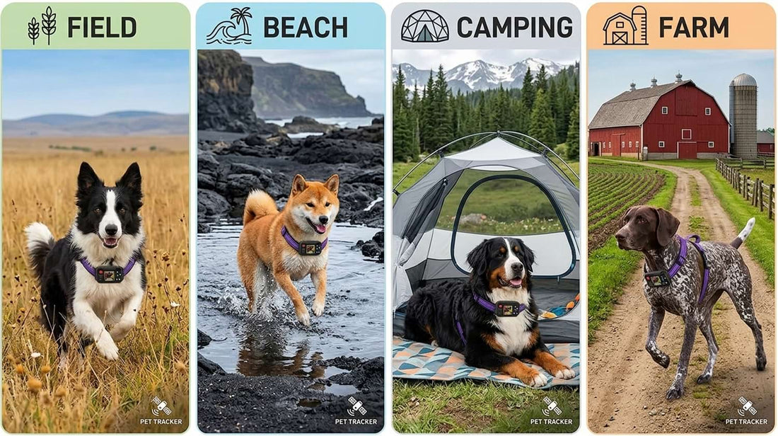 Portable GPS pet tracker ideal for various outdoor environments, keeping dogs safe in the field, at the beach, during camping, or on the farm.