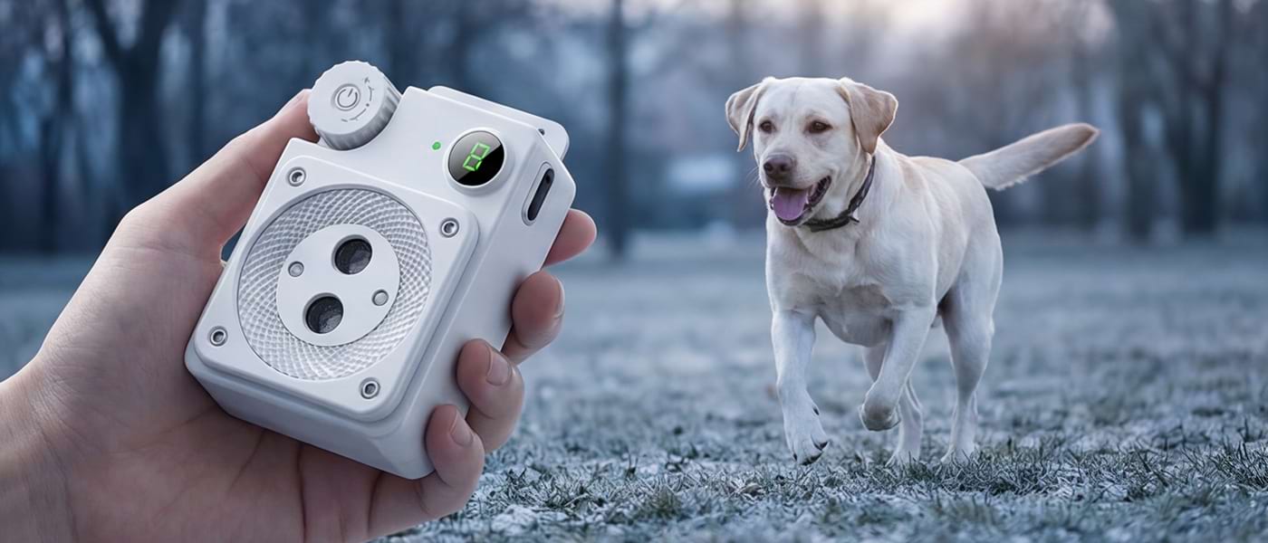 Handheld view of the Ultrasonic Anti Barking Device being used outdoors. A portable solution to train active dogs like Labradors to stop barking.