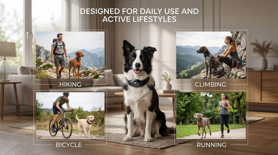 Portable wireless dog fence collar designed for daily use and active outdoor lifestyles, suitable for hiking, climbing, bicycling, and running.