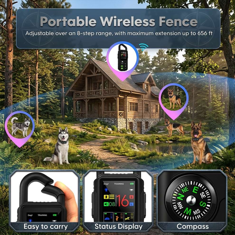 Portable wireless dog fence with an adjustable boundary up to 656 ft, operating as a no wire dog fence for large yards.