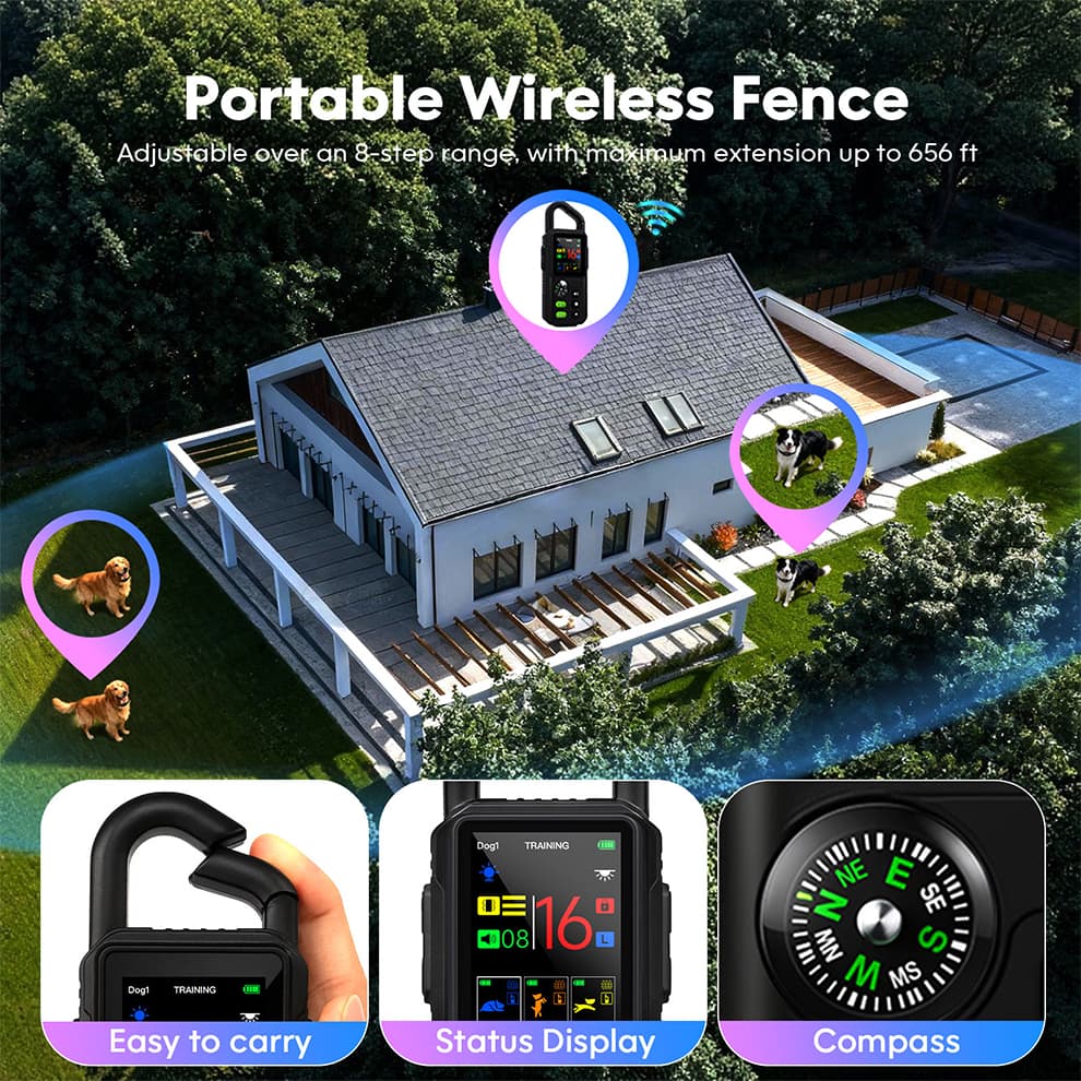 Portable Wireless Dog Fence with 656ft Adjustable Range and Built-in Compass for Camping.